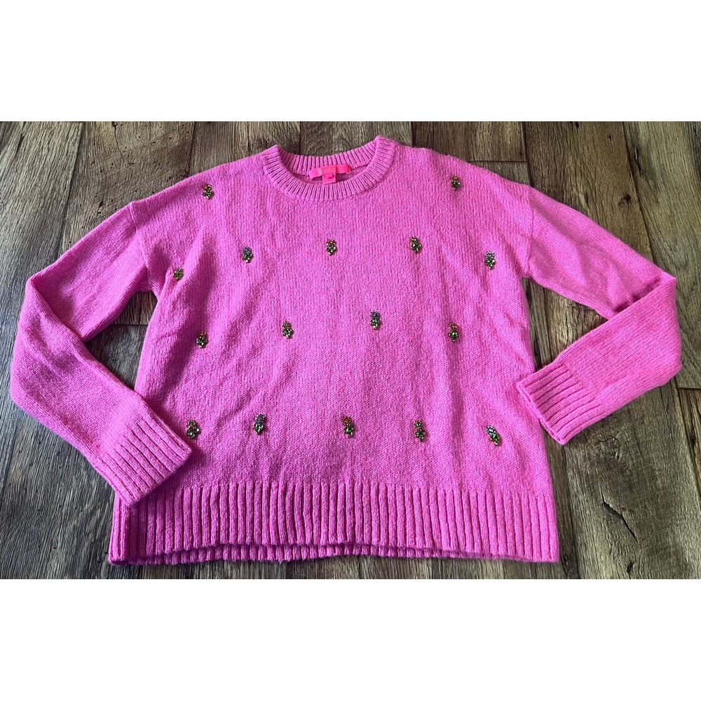 Lilly Pulitzer Sweater Small Rhinestone Flowers All Over Bright Pink Wool Blend